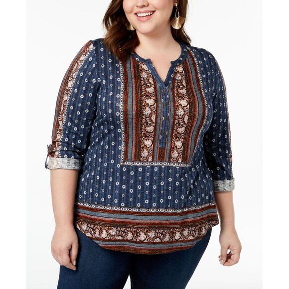 Style & Co Plus Size Mixed Print Peasant Top - Picture 1 of 3